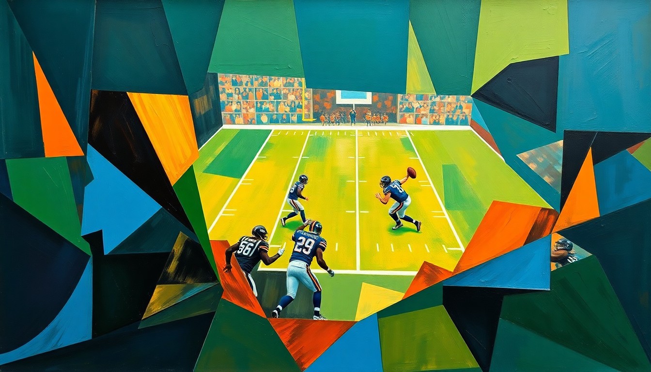 A cubist, geometric painting depicting a fragmented, multi-perspective view of a football player in motion, with sharp, overlapping planes of deep blue, forest green, and burnt orange colors, conceptually representing the strategic vision for the Giants' offense under new head coach John Harbaugh.