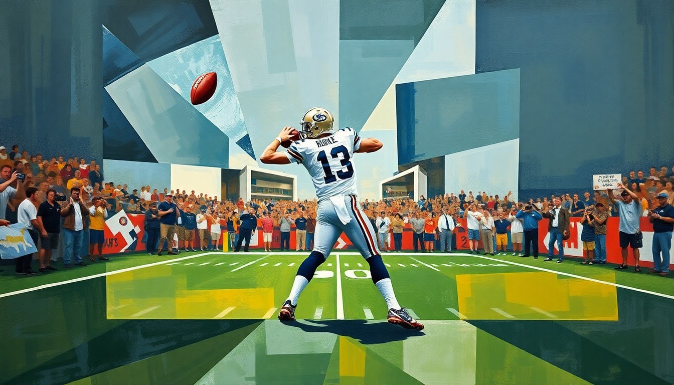 A cubist, geometric painting depicting a quarterback in motion, with the player's form broken down into overlapping angular shapes and planes in a variety of colors.