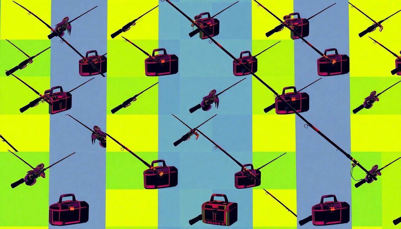 A bold, colorful silkscreen-style illustration featuring a repeating pattern of a fishing rod and tackle box in bright neon shades, conceptually representing the popularity of outdoor recreation in Texas.