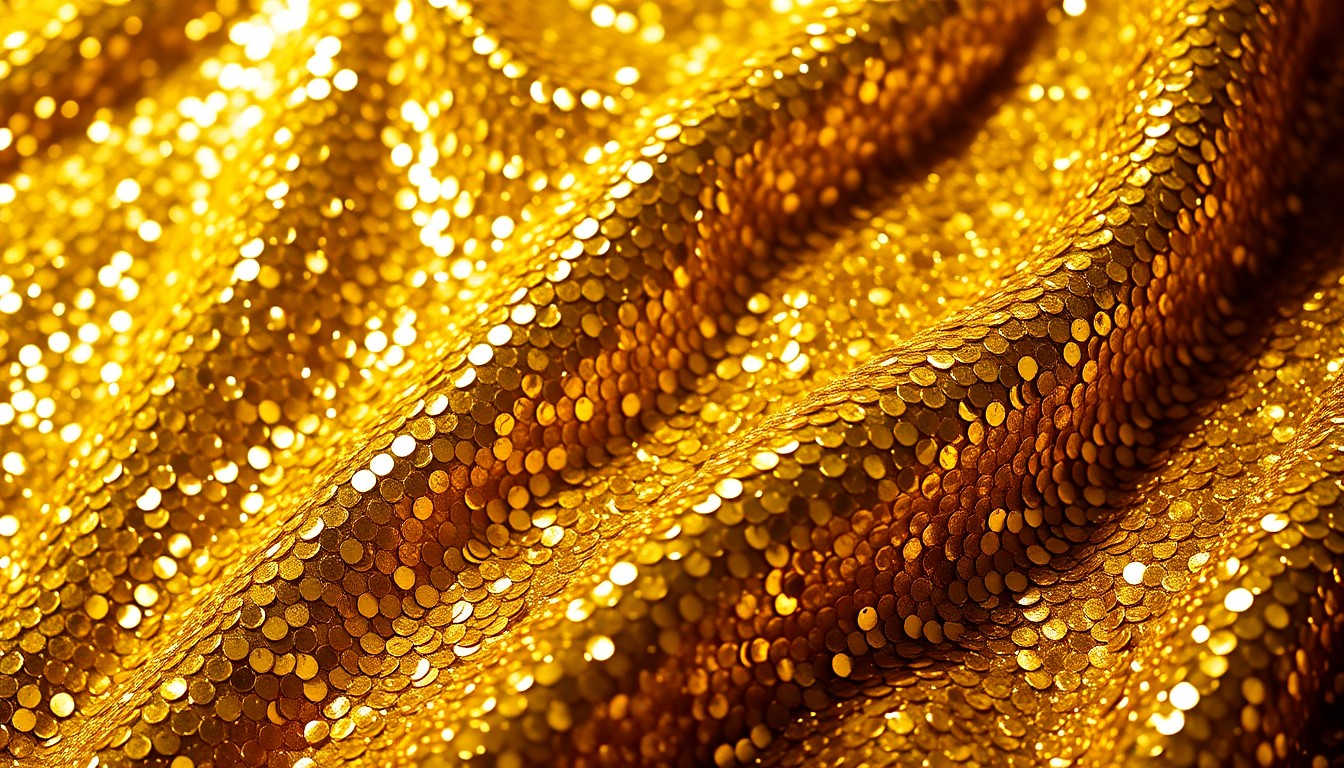 An extreme close-up of a shimmering, textured gold sequin fabric, capturing the glitz and glamour of celebrity culture in dramatic high-contrast lighting.