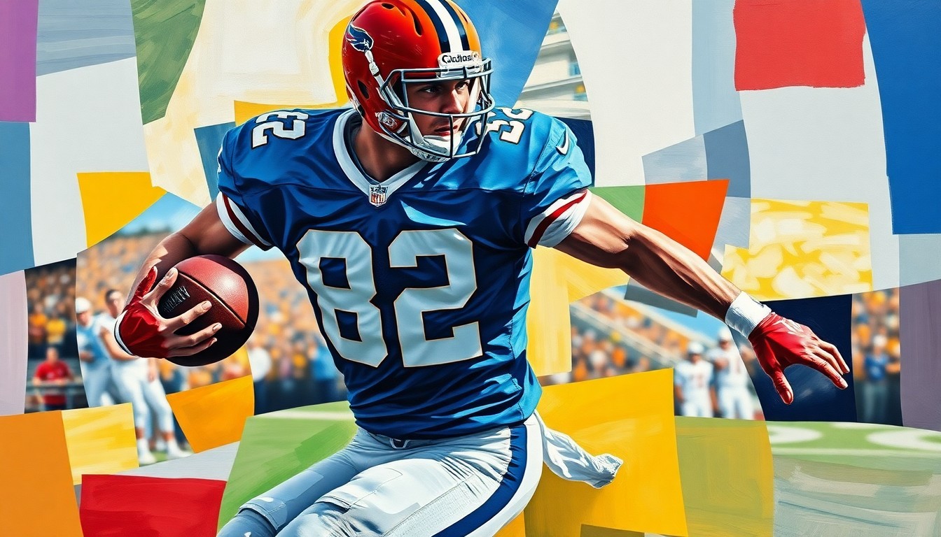 A fractured, cubist-style painting depicting a football player in mid-motion, with sharp, overlapping geometric shapes representing the player's movement and the dynamic nature of the sport.