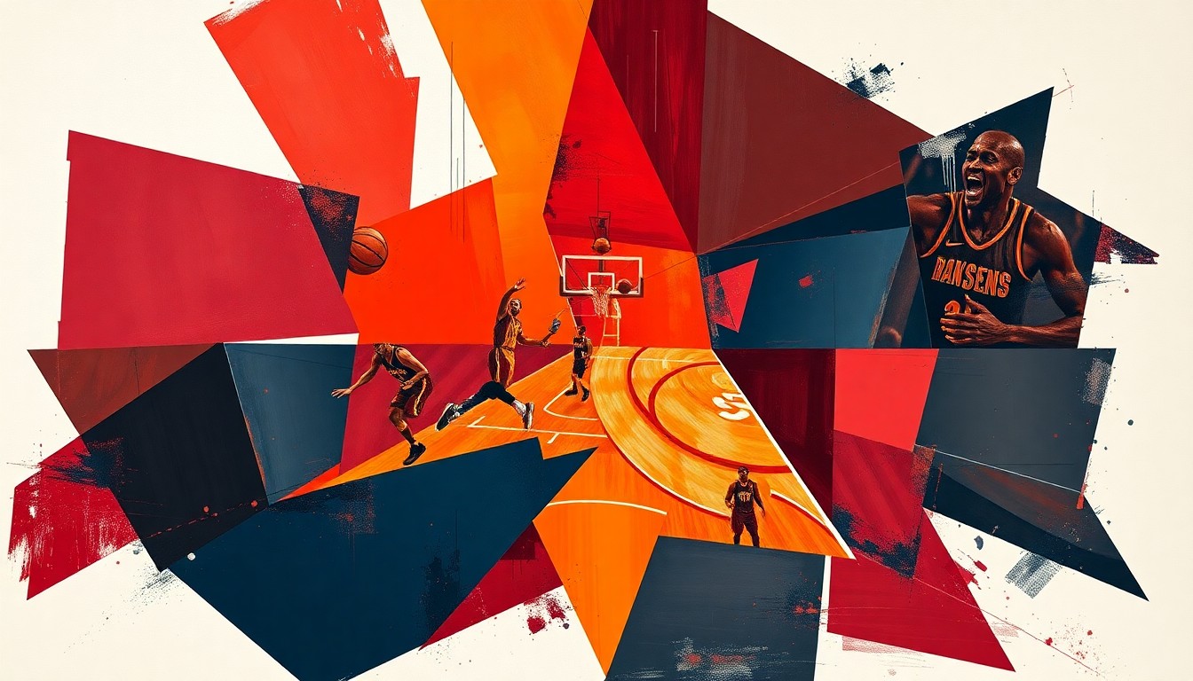 A fragmented, geometric painting depicting a basketball game or match, with sharp planes of deep crimson, burnt orange, and navy blue overlapping to create a dynamic, conceptual representation of the Oklahoma Sooners' season.