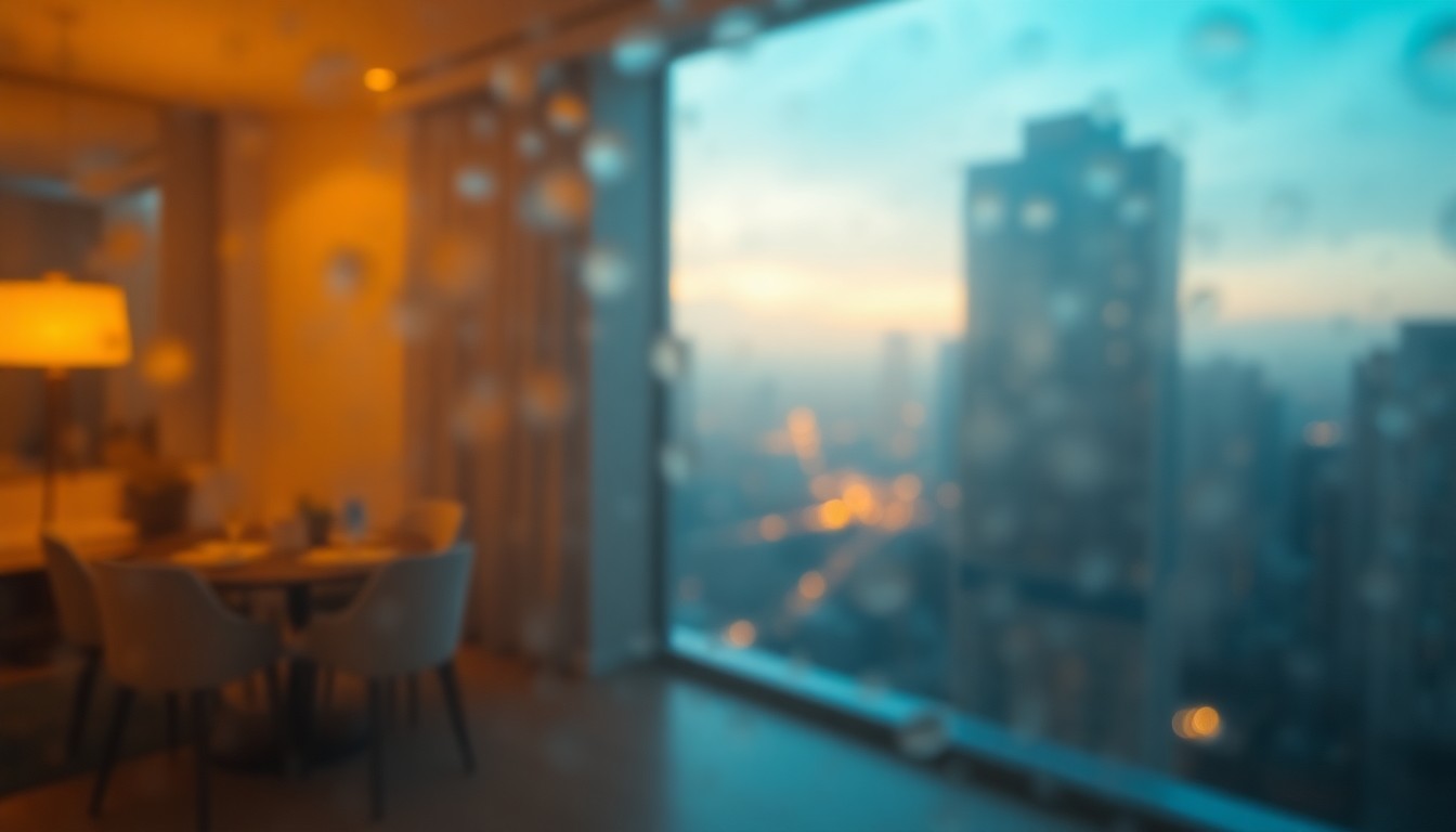 An abstract, impressionistic photograph depicting a warm, hazy interior scene with soft, blurred shapes and pools of light, conceptually representing the luxurious living experience of a Boston condominium.