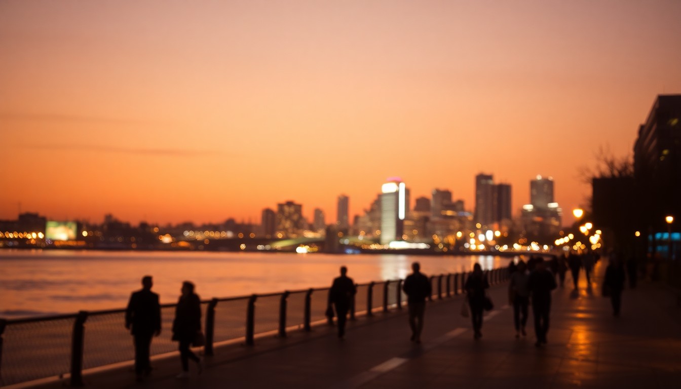 An abstract, out-of-focus photograph of a riverfront promenade at dusk, with warm, golden tones and the silhouettes of people walking, conceptually representing the tranquil and urban setting of a luxury waterfront condo.