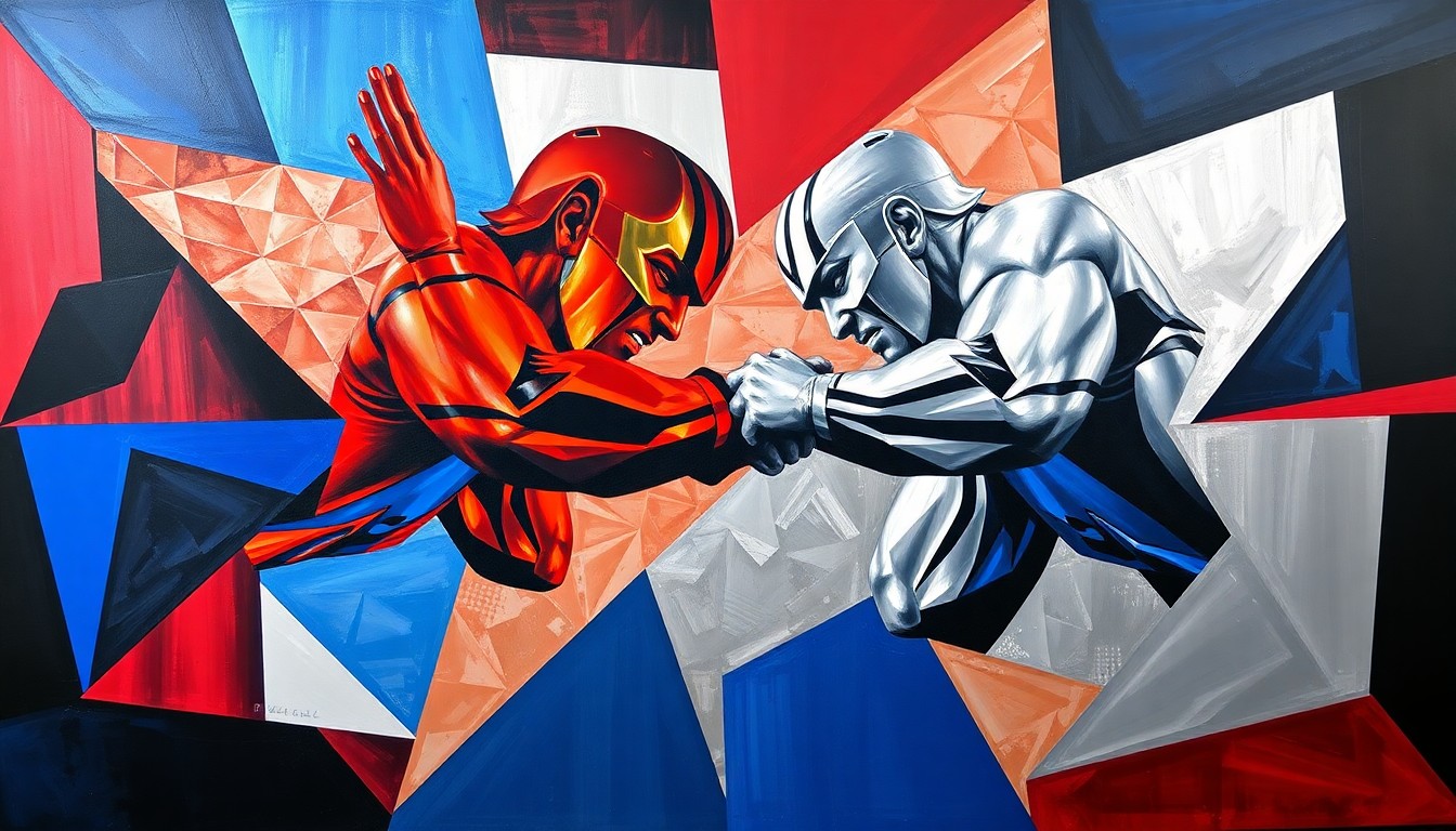 A fragmented, abstract painting featuring sharp geometric shapes and planes in bright red, blue, and metallic silver, conceptually representing the dynamic action and energy of a professional wrestling match.