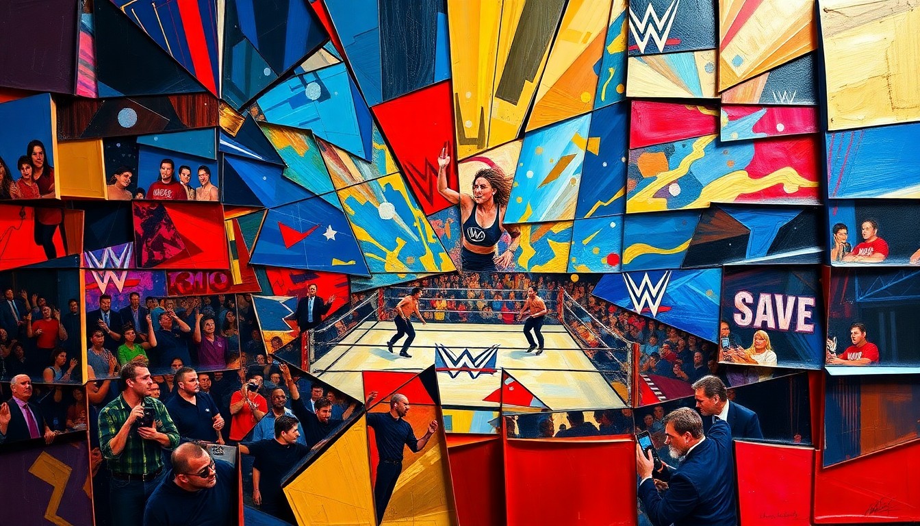 A cubist, geometric painting depicting a WWE wrestling match or event, with sharp, overlapping planes of color and form that capture the dynamic action and energy of the sport.