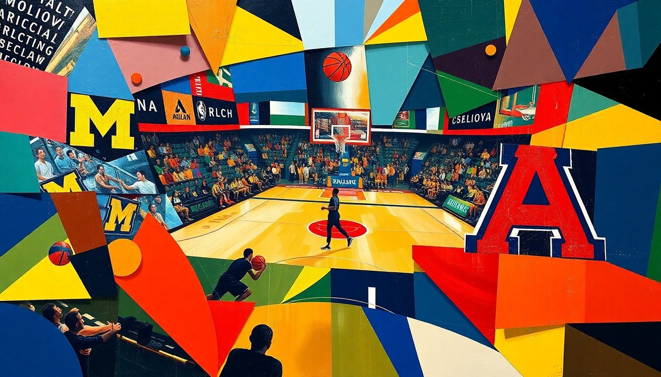 A cubist, geometric painting depicting a basketball game or match, with sharp, overlapping planes of color representing the dynamic action on the court.