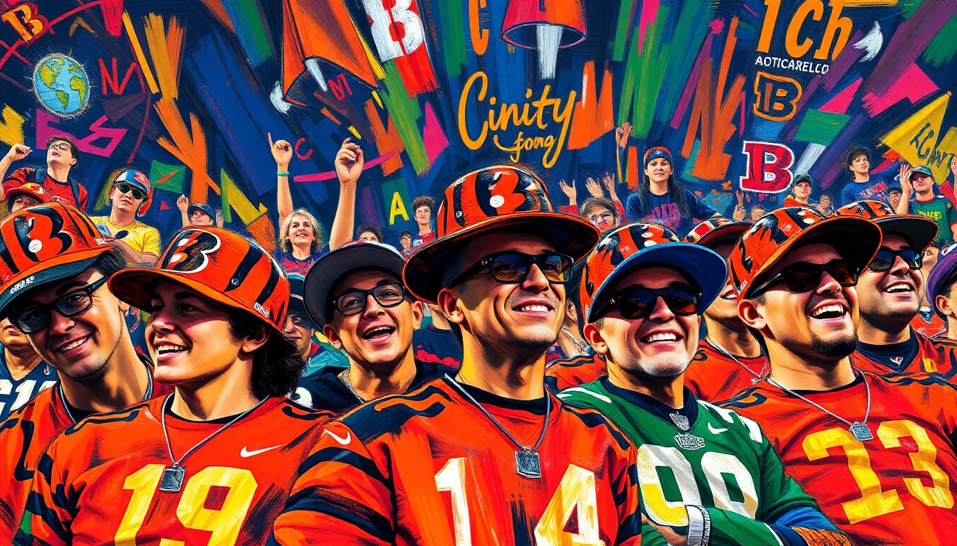 An energetic, abstract painting in neon colors depicting Cincinnati Bengals fans enthusiastically wearing Cincy Hats and celebrating, conveying the spirit of the team's charitable foundation.