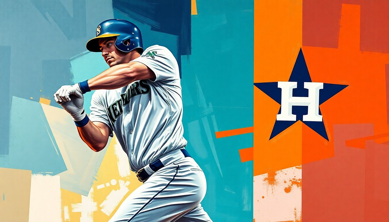 A fragmented, cubist-style painting depicting the batting motion of a baseball player, with sharp geometric shapes and planes in the team colors of the Seattle Mariners and Houston Astros, conceptually representing the advanced analytics driving player performance.