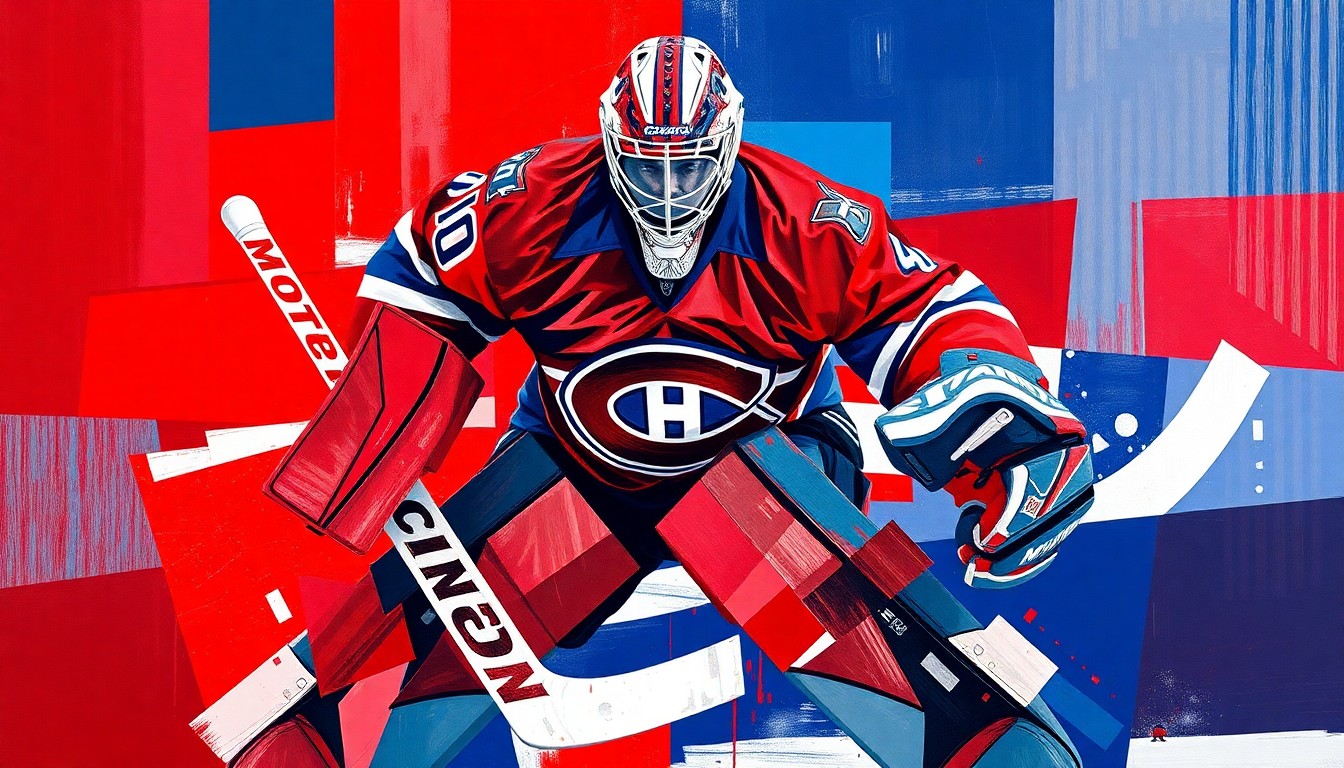 A cubist, geometric painting depicting a hockey goaltender in various positions, with sharp, overlapping planes of red, blue, and white representing the Montreal Canadiens' colors. The fragmented, abstract style conveys the complex and sometimes contradictory nature of evaluating goaltender performance.
