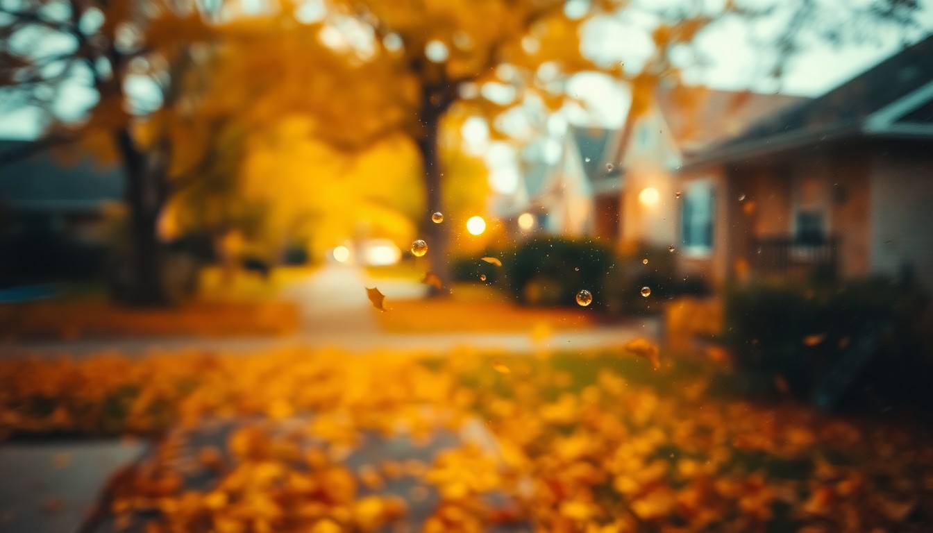 An abstract, impressionistic scene of soft, blurred light and color representing fallen autumn leaves in a suburban neighborhood.