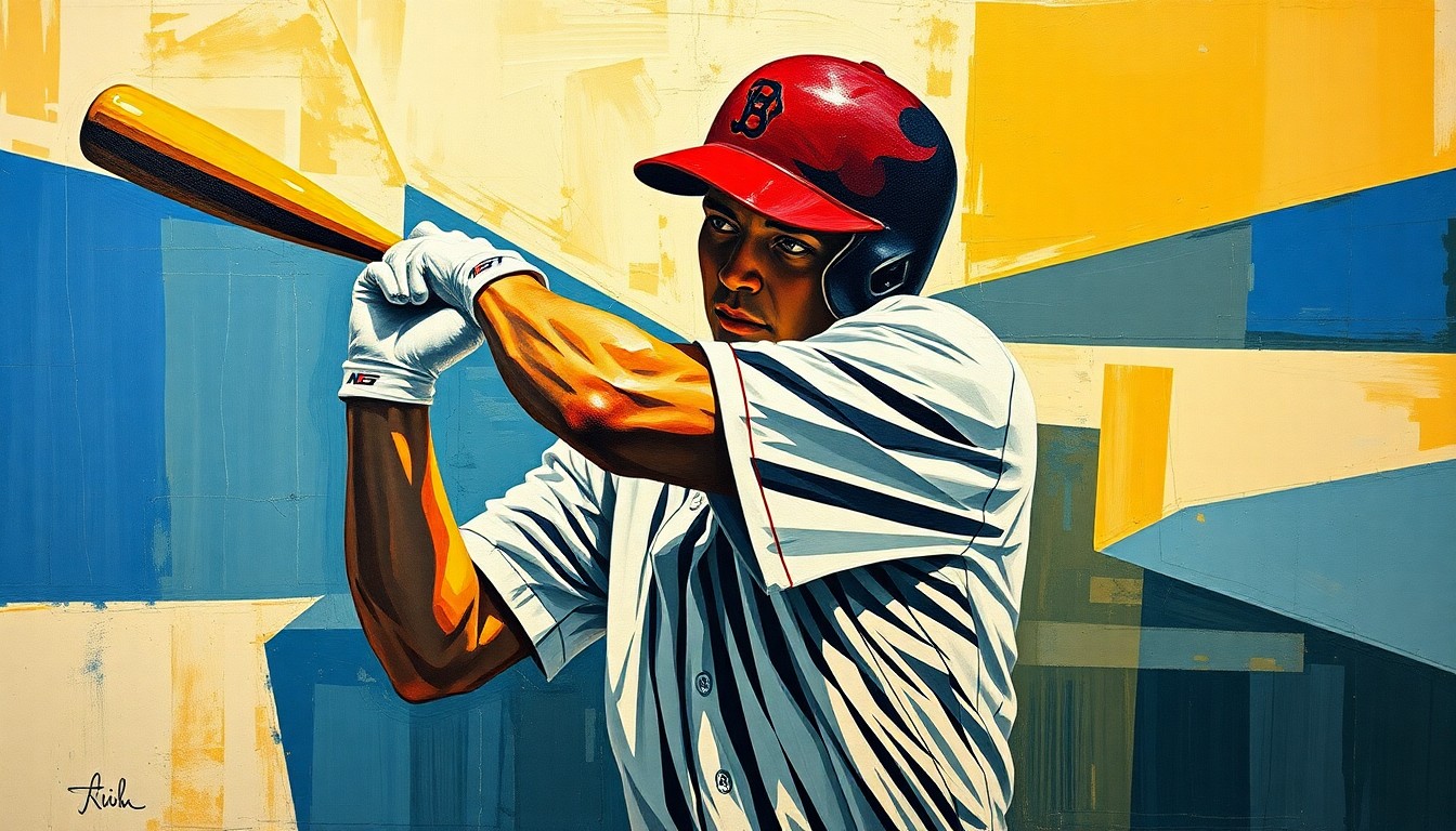 A cubist, geometric painting depicting the dynamic motion of a baseball player's swing, with the player's face obscured but the energy of the swing captured through overlapping, fragmented planes of color and shape.