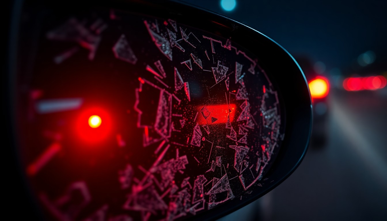 An extreme close-up photograph of a shattered car side mirror reflecting the faint glow of red taillights, conceptually illustrating the aftermath of a hit-and-run collision.