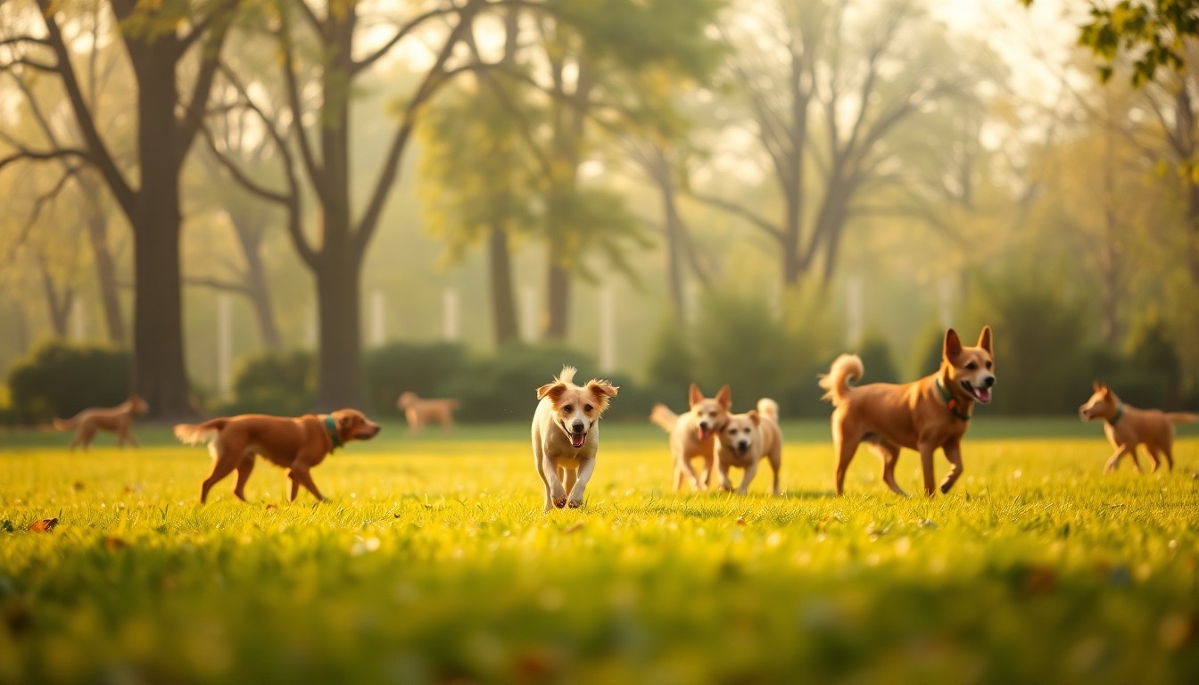 A blurred, impressionistic photograph showing the silhouettes of several dogs playing in a park, with the background softly out of focus in a warm, golden glow.