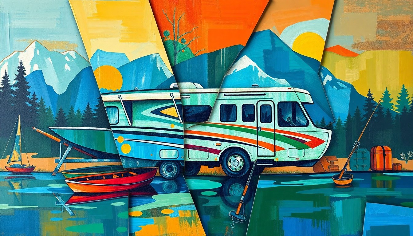 A cubist, geometric painting depicting fragmented images of a fishing boat, RV, and other outdoor equipment, conveying the diverse offerings of the U.P. Boat, Sport, and RV Show.
