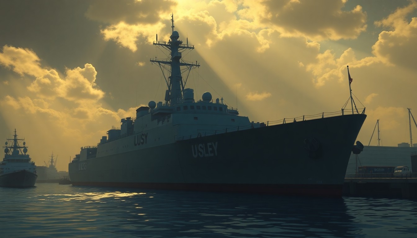 A serene, photorealistic painting of a U.S. Navy warship docked in a Panamanian port, with the ship's silhouette reflected in the calm waters and surrounded by warm, golden sunlight and deep shadows, conveying a sense of quiet power and diplomacy.