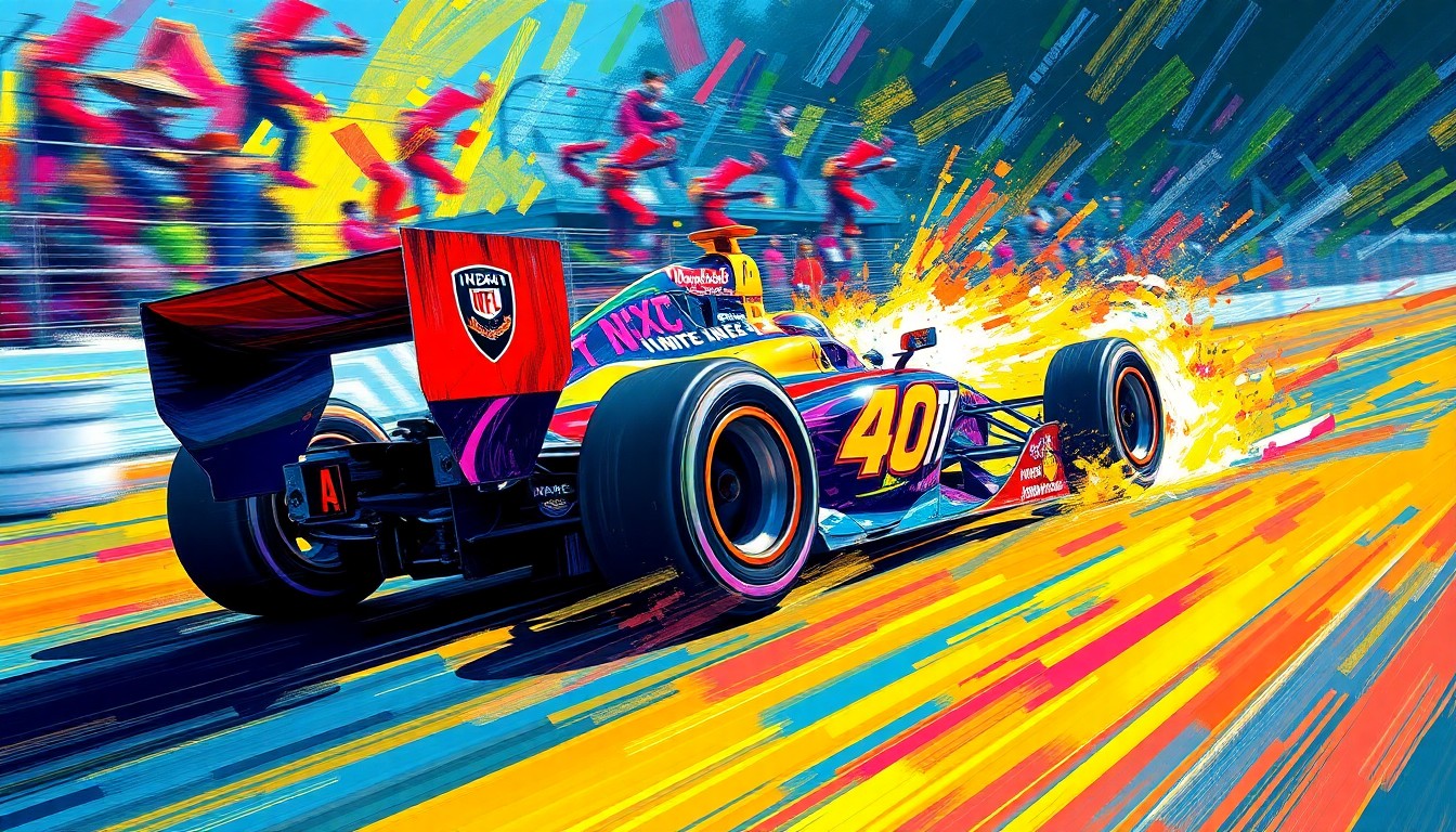 A dynamic, neon-colored painting depicting the blurred motion of an INDY NXT race car speeding around a track, conveying the excitement and intensity of the sport.