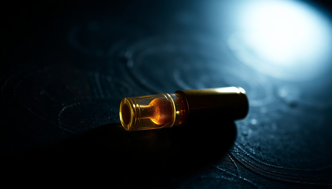 An extreme close-up photograph of a single spent bullet casing on a dark, textured surface, lit by a harsh, direct camera flash, conceptually representing the aftermath of a shooting incident.
