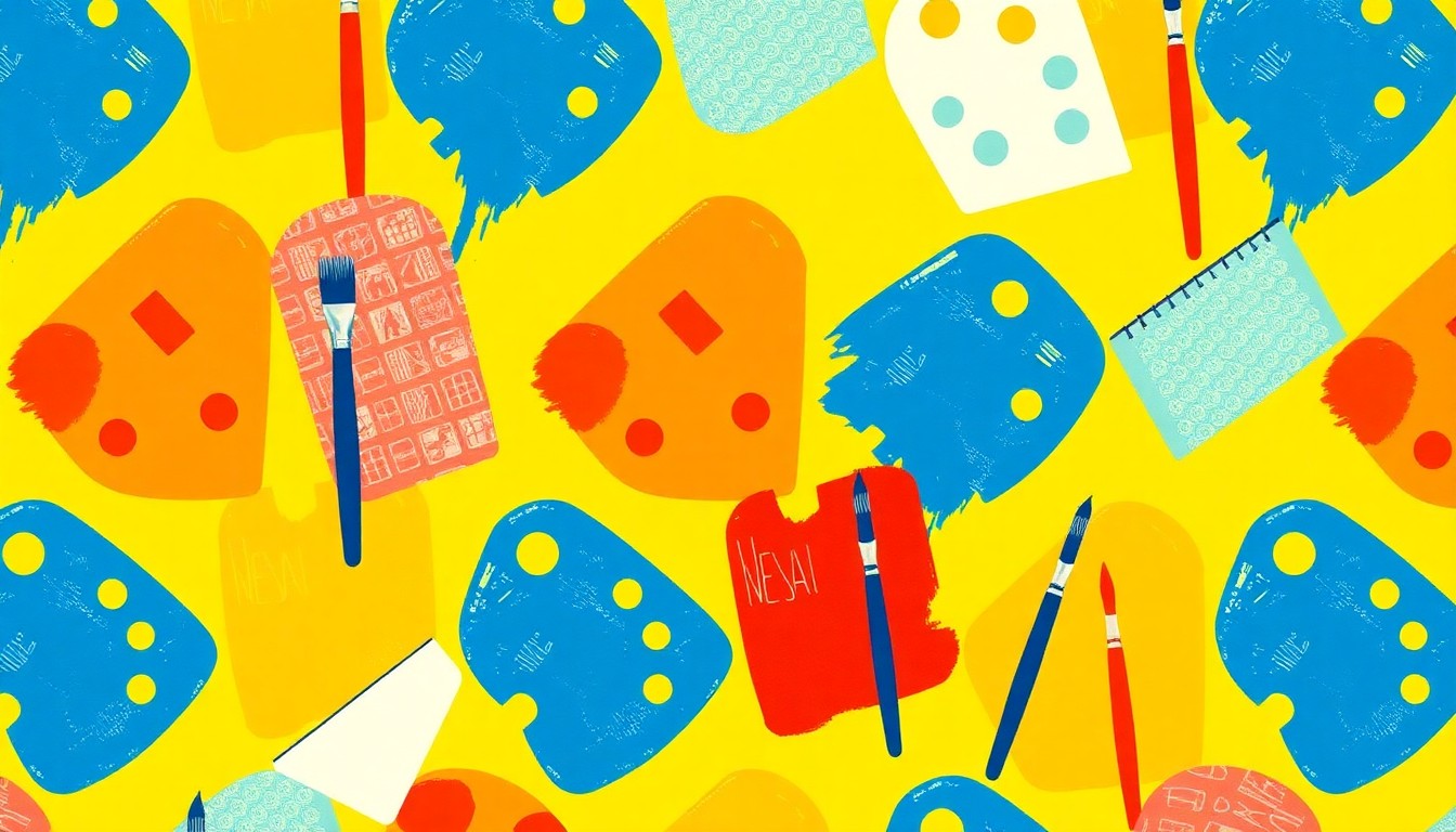 A vibrant, abstract silkscreen illustration featuring repeated images of artistic tools and supplies in a grid, conveying the dynamic energy of the local arts scene.