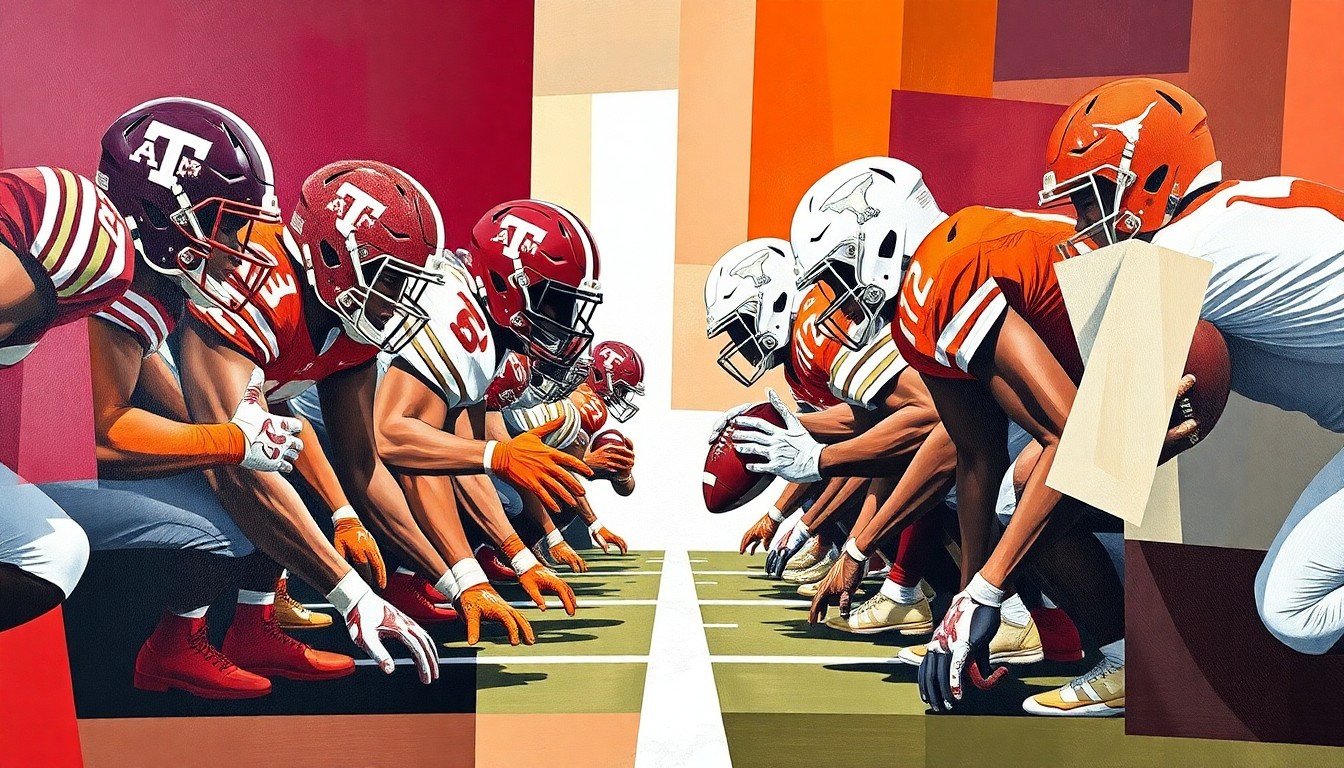 A cubist, geometric painting depicting the fractured, overlapping forms of a football offensive line, rendered in the colors of Texas A&M and the University of Texas to represent the rivalry between the two programs.