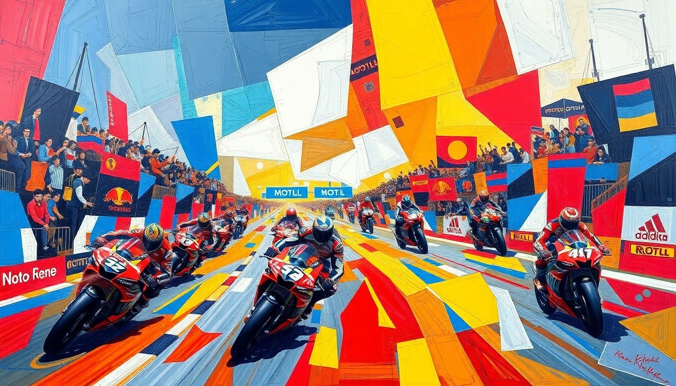 A fragmented, geometric painting in bold colors depicting the high-speed motion and energy of a MotoGP race, with overlapping planes and perspectives conveying the thrill of the event.