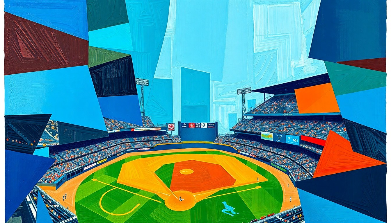 A cubist, geometric painting depicting a baseball game broken down into overlapping planes of vibrant colors, capturing the chaotic and disorienting nature of the new Automated Ball-Strike system in Major League Baseball.