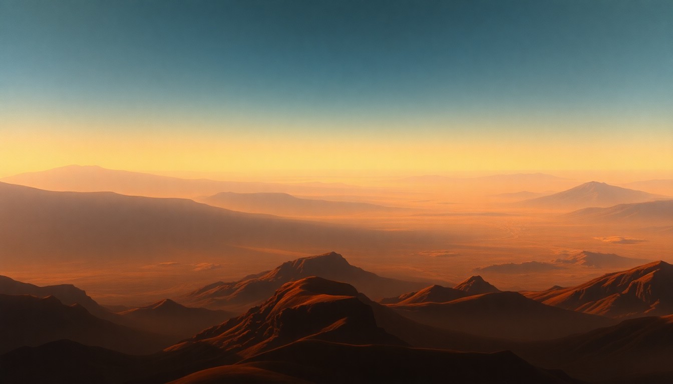A sweeping, atmospheric landscape painting in muted earth tones, with the horizon obscured by shimmering haze and the sky filled with dramatic, backlit clouds, conveying the overwhelming scale and intensity of a sudden heat wave.