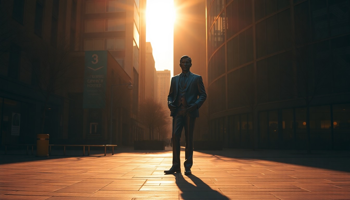 A cinematic, painterly illustration of a bronze statue of a man in a suit standing alone in a shadowy urban plaza, with warm sunlight casting dramatic diagonal shadows across the scene, conveying a sense of quiet contemplation and civic loss.
