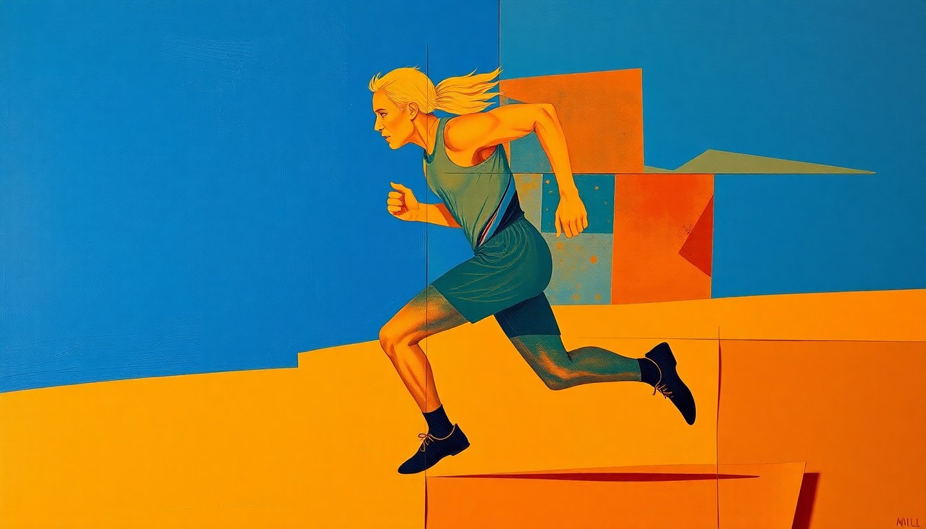 A fragmented, cubist-style painting depicting the silhouette of a runner broken down into sharp, overlapping geometric shapes in earthy tones, conceptually representing the complex issues surrounding transgender participation in elite women's sports.