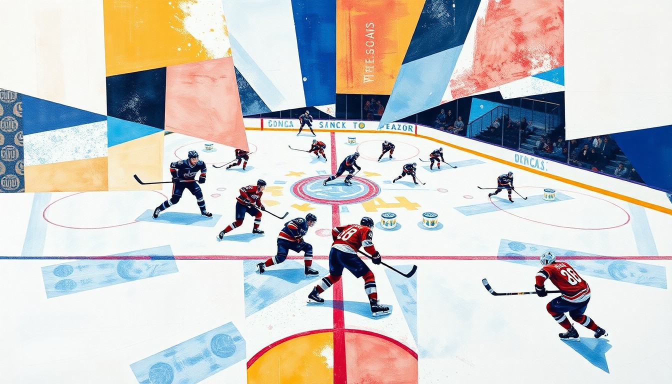 A cubist, geometric painting depicting the action and movement of a hockey game, with fragmented and overlapping shapes representing the players, sticks, and ice.