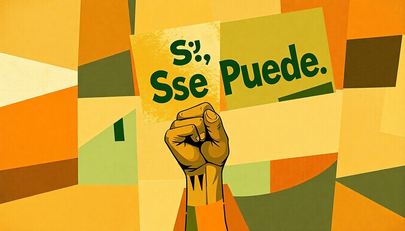 A dynamic, fractured painting in shades of green and brown depicting a hand holding a protest sign with the words 'Sí, Se Puede' repeated in an overlapping, geometric pattern, capturing the energy and momentum of the farmworkers' rights movement.