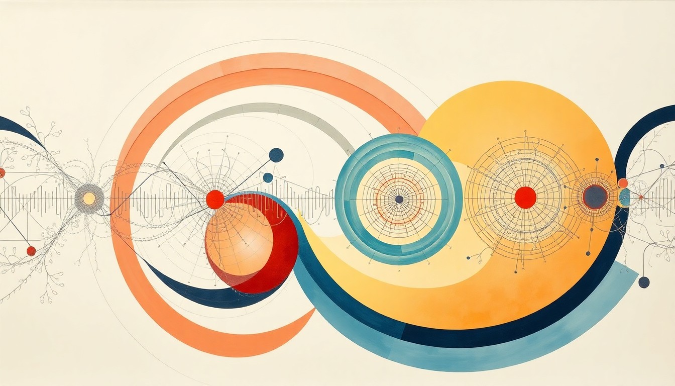 An abstract, highly structured painting in soft blues, greens, and purples, featuring sweeping geometric arcs, concentric cellular shapes, and precise biological spirals, conveying the intricate order and complexity of the human genome and nervous system.