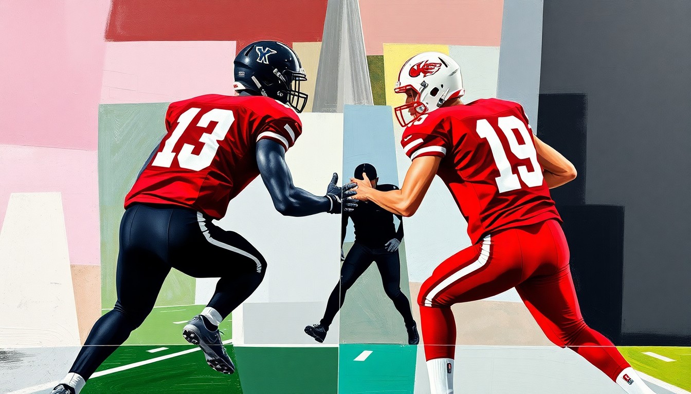 A fractured, cubist-style painting depicting two football players in a backfield, their forms broken down into sharp, overlapping geometric shapes in a range of red, black, and grey tones, conveying the complex dynamics of integrating two star running backs into an offense.