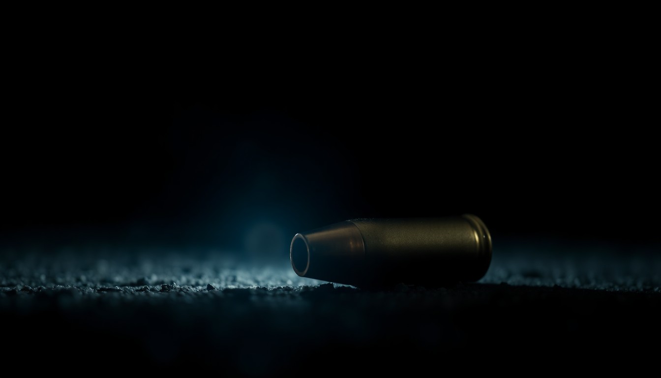 An extreme close-up photograph of a spent bullet casing on the ground, reflecting a bright flash of light in the dark, conceptually illustrating the investigative process following a violent crime.