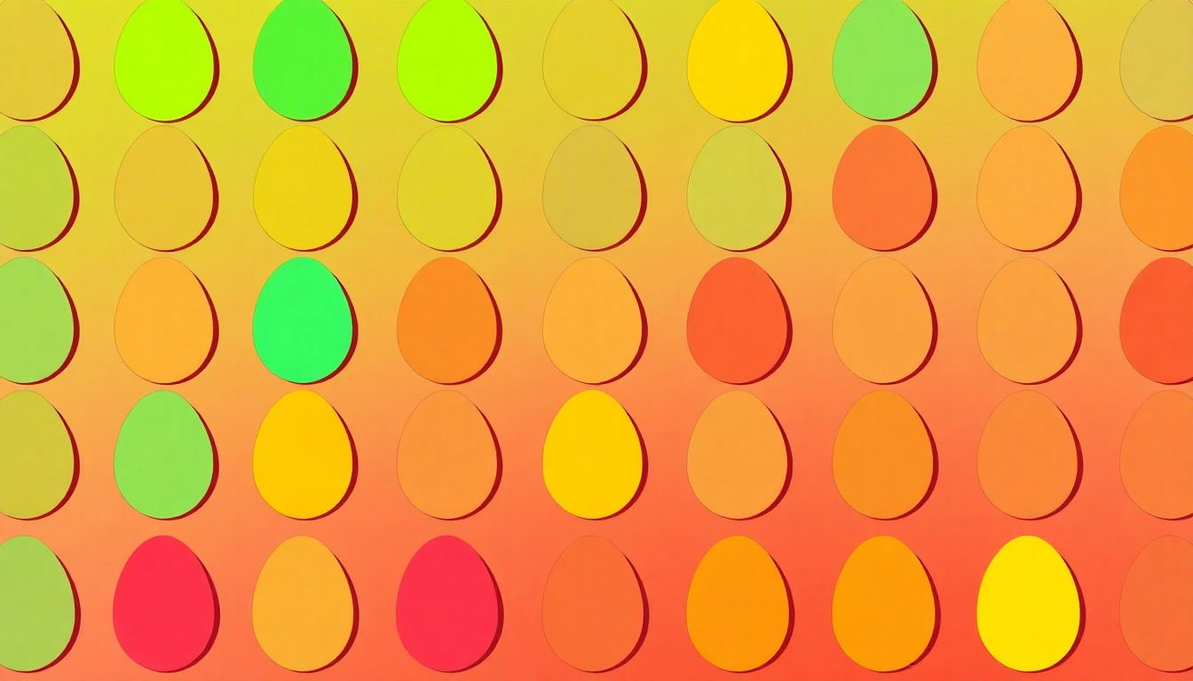 A brightly colored, high-contrast silkscreen print of a single, iconic Easter egg shape repeated in a tight grid pattern, utilizing flat, vibrant, and unnatural neon color palettes overlapping with heavy black photographic outlines to turn the classic Easter symbol into modern pop art.