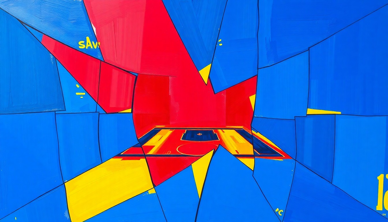 A cubist, geometric painting depicting fragmented basketball players and hoops in a vibrant color palette, capturing the energy and unpredictability of the NCAA Men's Basketball Tournament Final Four.