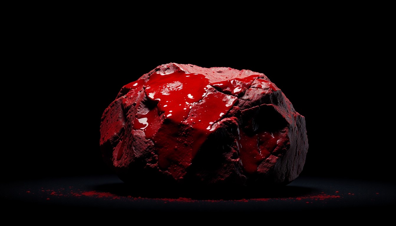 An extreme close-up of a jagged, blood-stained rock, its rough texture and dramatic lighting creating a stark, gritty, investigative aesthetic.