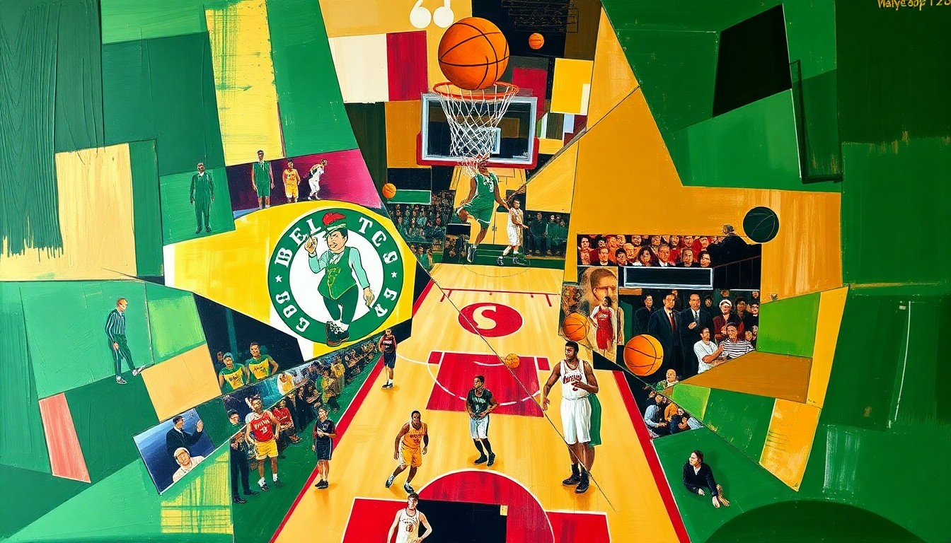 A fractured, geometric painting depicting a basketball game between the Boston Celtics and Atlanta Hawks, with sharp, overlapping planes of color representing the dynamic action on the court.