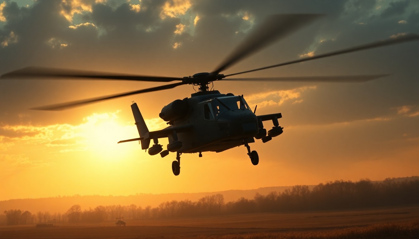 A serene, cinematic painting depicting an Army attack helicopter hovering over a rural Tennessee landscape, the aircraft's powerful presence contrasting with the tranquil setting.