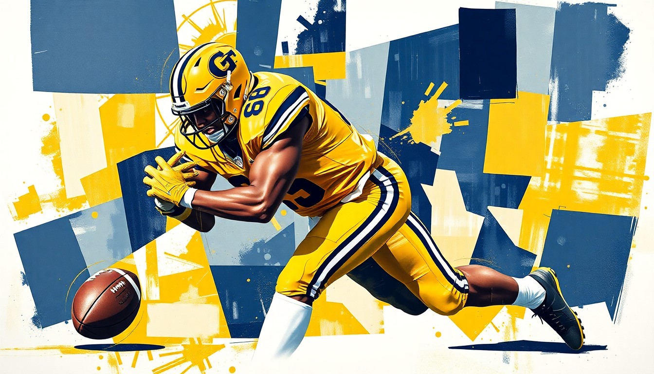 A fractured, cubist-style painting depicting a football player making a tackle, with the player's body and the field of play broken down into sharp, overlapping geometric shapes in Georgia Tech's gold and navy blue colors.