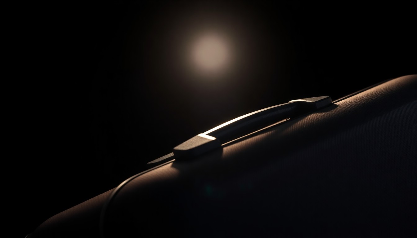 An extreme close-up photograph of a partially opened suitcase handle, lit by a harsh, direct camera flash against a pitch-black background, conceptually illustrating the grisly discovery of human remains in the 'Compound' area of Palm Bay.