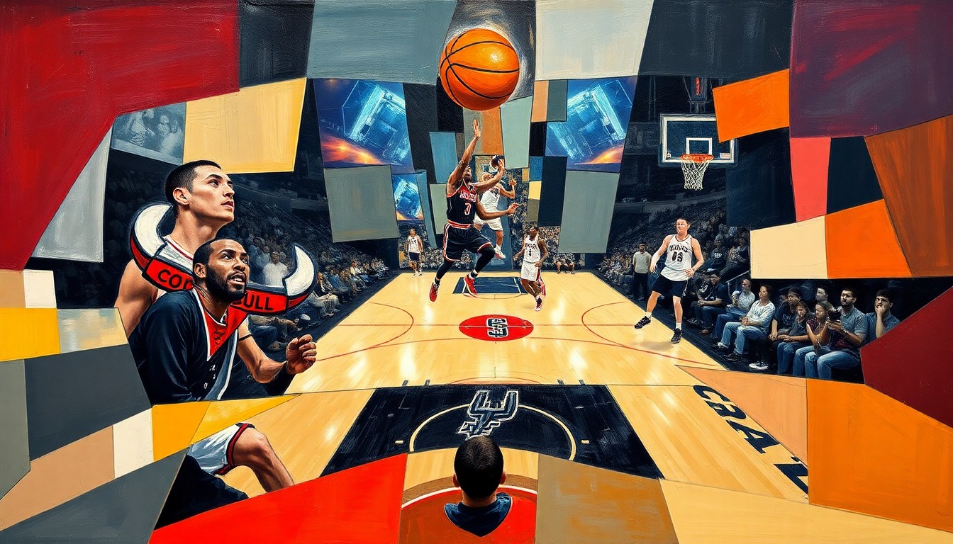A fragmented, geometric painting depicting a basketball game, with sharp planes of color and form representing the competitive energy of the matchup between the Chicago Bulls and San Antonio Spurs.