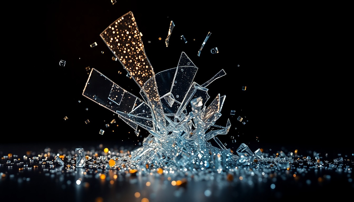An abstract close-up image of shattered glass and glittering sequins, captured in dramatic high-contrast studio lighting to conceptually represent the glamour and fragility of celebrity relationships.