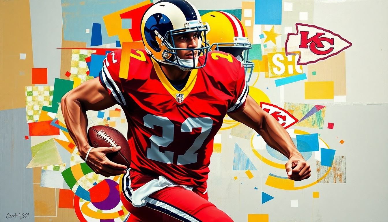 A cubist-style painting depicting a football player in motion, their body broken down into sharp, overlapping geometric shapes in the Rams' and Chiefs' team colors, capturing the dynamic and aggressive nature of the sport.
