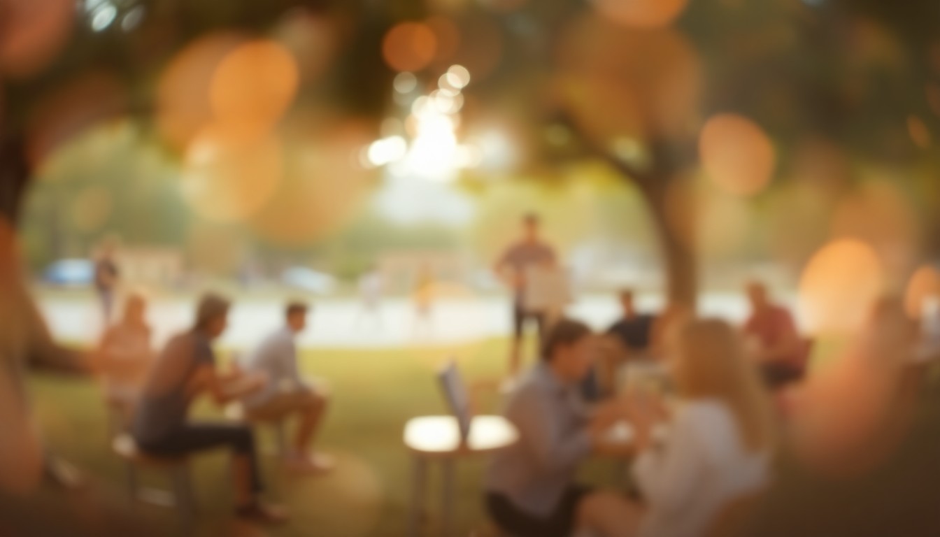 An abstract, impressionistic scene of soft, blurred brushstrokes in warm tones of yellow, orange, and green, evoking the atmospheric mood of an outdoor art class in a city park.