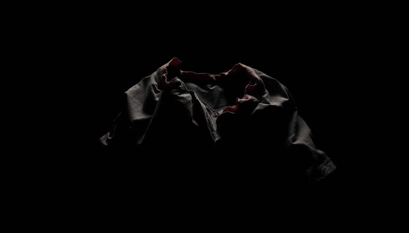 An extreme close-up photograph of a crumpled piece of fabric, such as a torn shirt or piece of clothing, lit by a harsh, direct camera flash against a pitch-black background, conceptually representing the evidence and investigation of a sexual assault.
