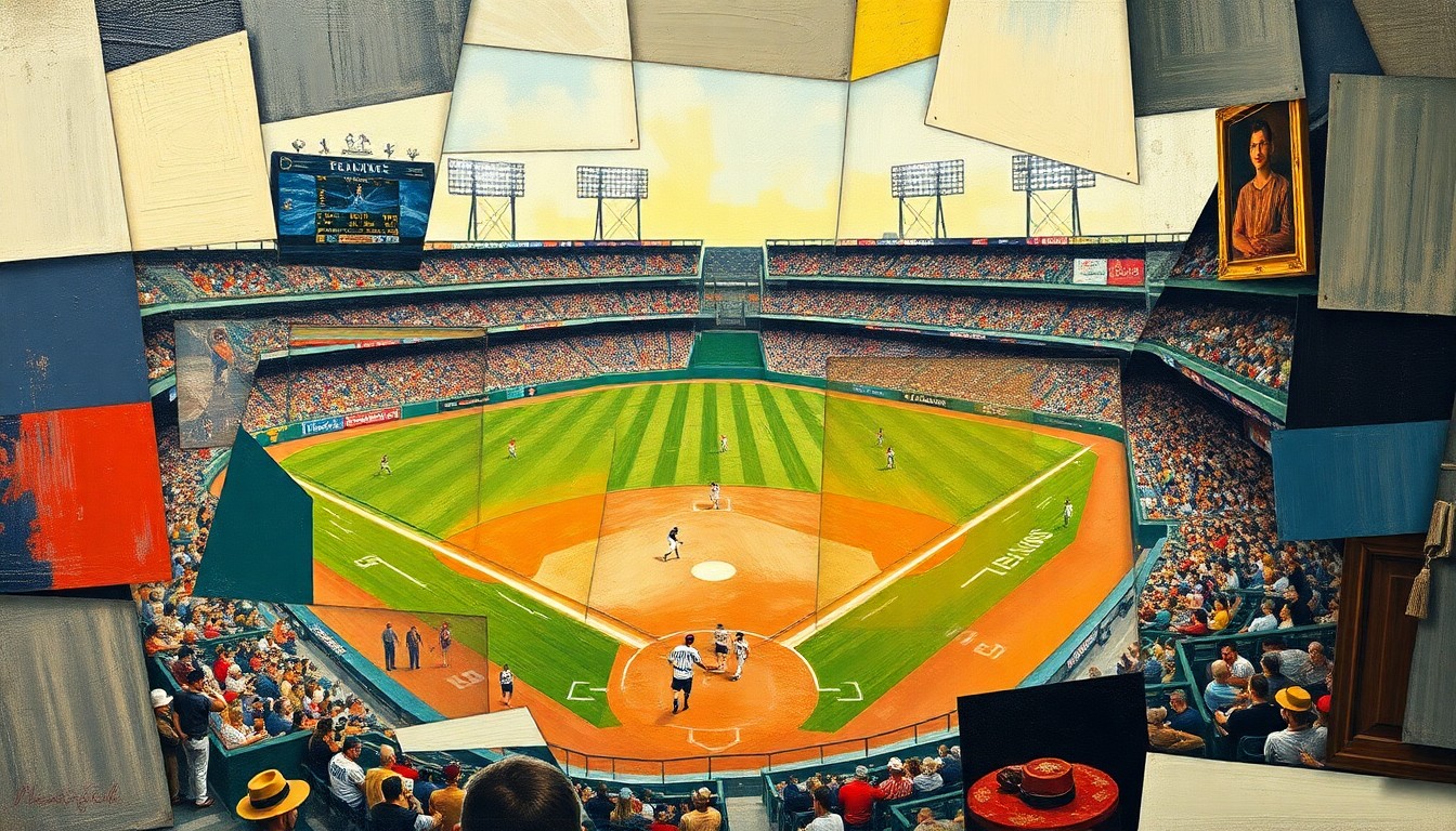 A fragmented, geometric painting depicting a baseball game or match, with sharp, overlapping planes of color and form conveying the sport's action and intensity.