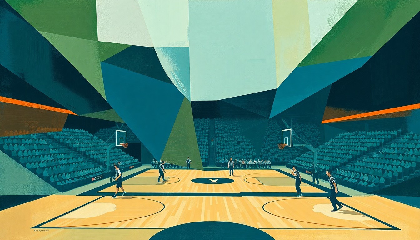 A fragmented, cubist-style painting depicting a college basketball game, with the players and court broken down into overlapping geometric shapes in muted blue, green, and orange tones, conveying a sense of uncertainty and transition.