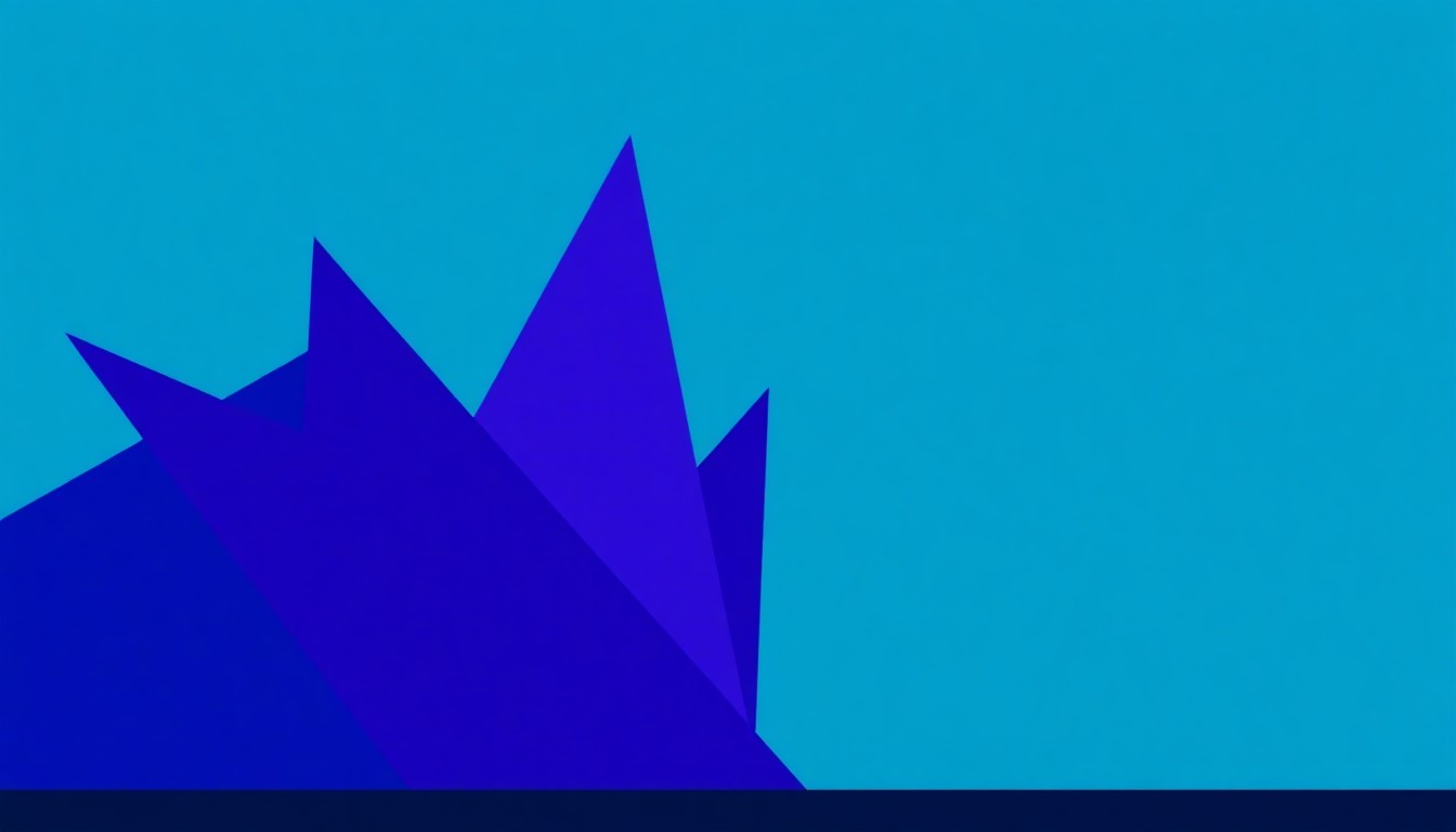 An abstract, minimalist illustration featuring sharp, angular shapes in shades of blue, purple, and teal, conveying the dynamic energy and creative potential of a performing arts center.