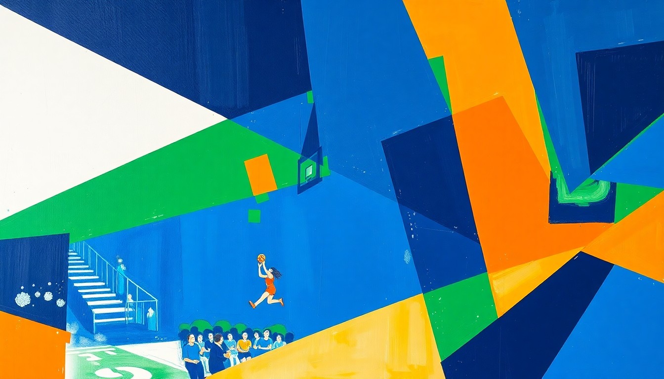A fragmented, geometric painting in shades of blue, green, and orange, depicting the dynamic movements and energy of a women's basketball game.